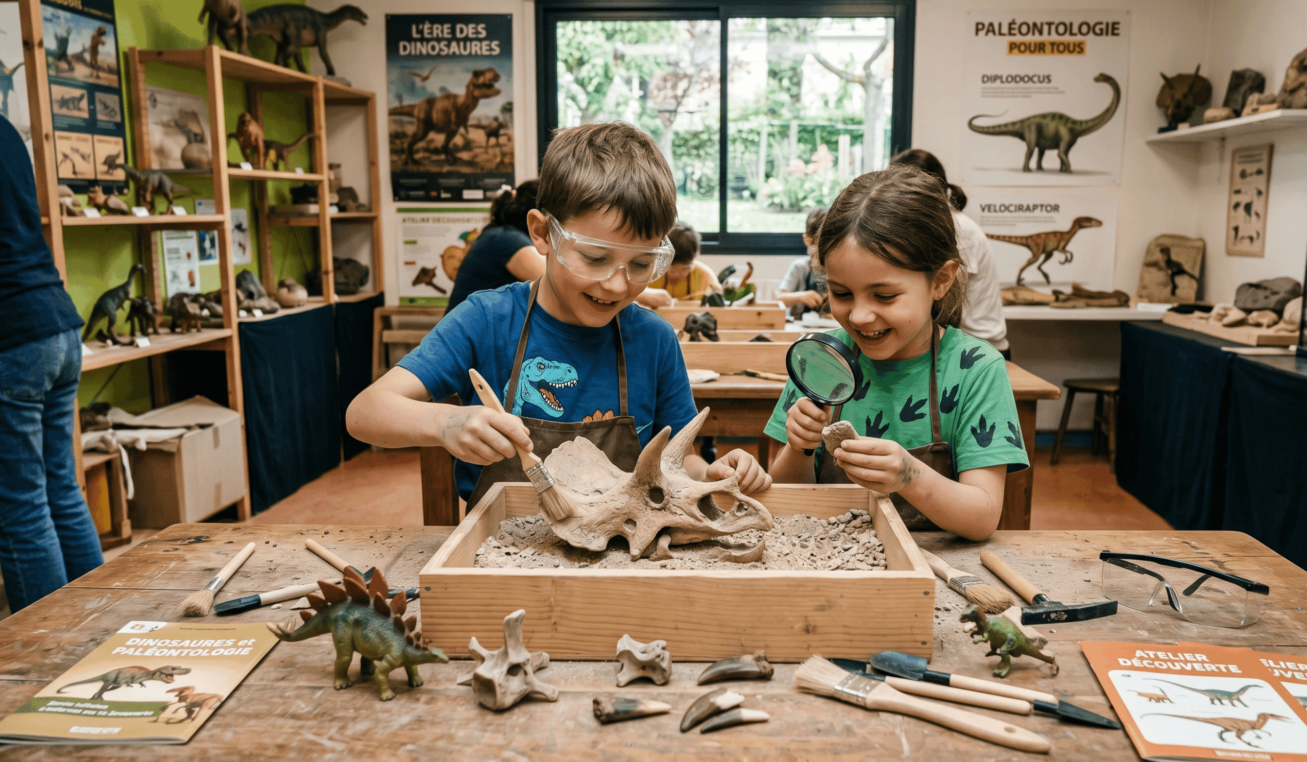 Deux enfants souriants équipés de lunettes de protection utilisant des pinceaux pour déterrer un grand crâne de dinosaure dans un bac à sable