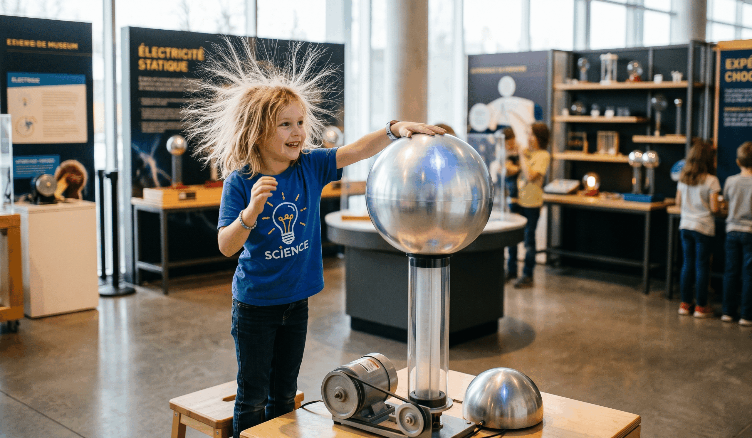 Une petite fille souriante touchant une grande sphère métallique qui fait dresser tous ses cheveux sur la tête grâce à l'électricité statique