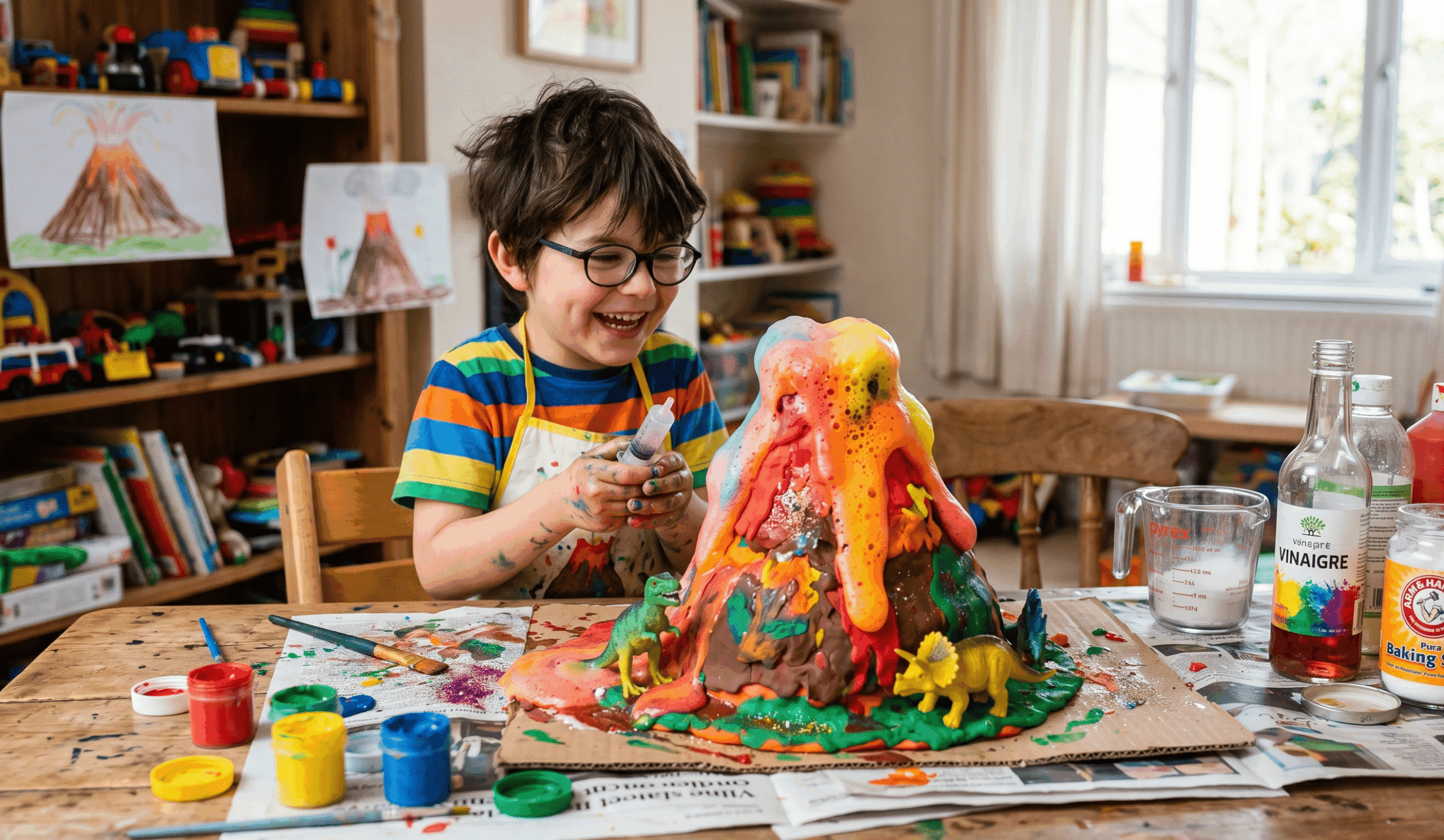 Un jeune garçon riant aux éclats devant l'éruption de mousse colorée d'un volcan miniature fabriqué en pâte à modeler