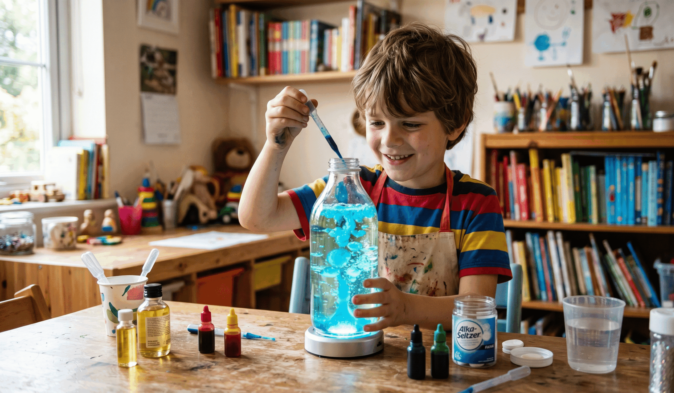 Un garçon concentré utilisant une pipette pour animer une bouteille lumineuse remplie d'un liquide bleu à bulles