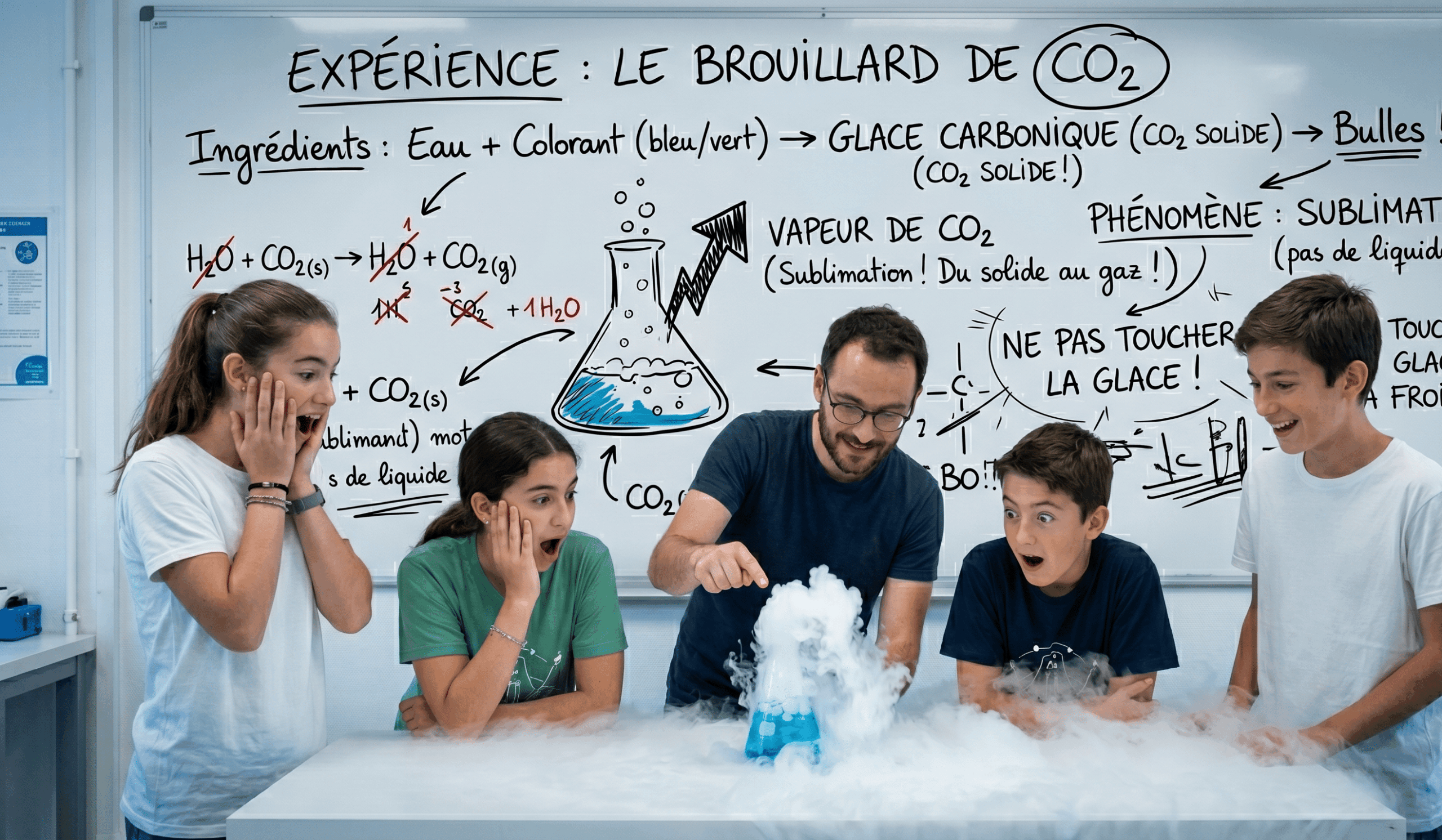 Un animateur scientifique et quatre adolescents stupéfaits observant un épais nuage de fumée blanche déborder d'un bécher