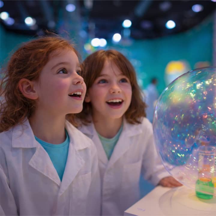 eux petites filles en blouse blanche regardent avec fascination une grande bulle aux reflets arc-en-ciel