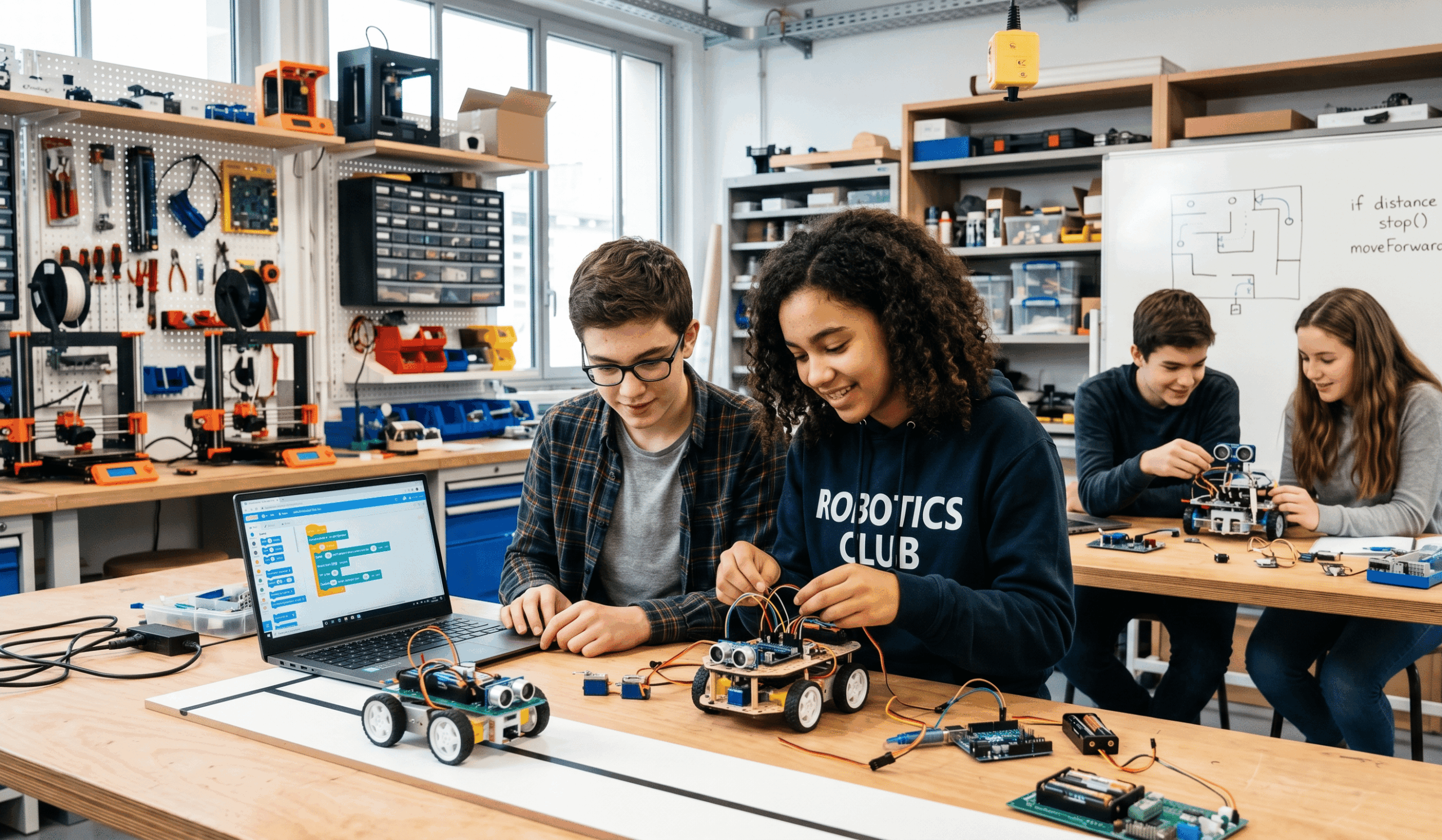 Deux adolescents souriants branchant les câbles d'un petit véhicule robotique sur un bureau à côté d'un ordinateur affichant du code