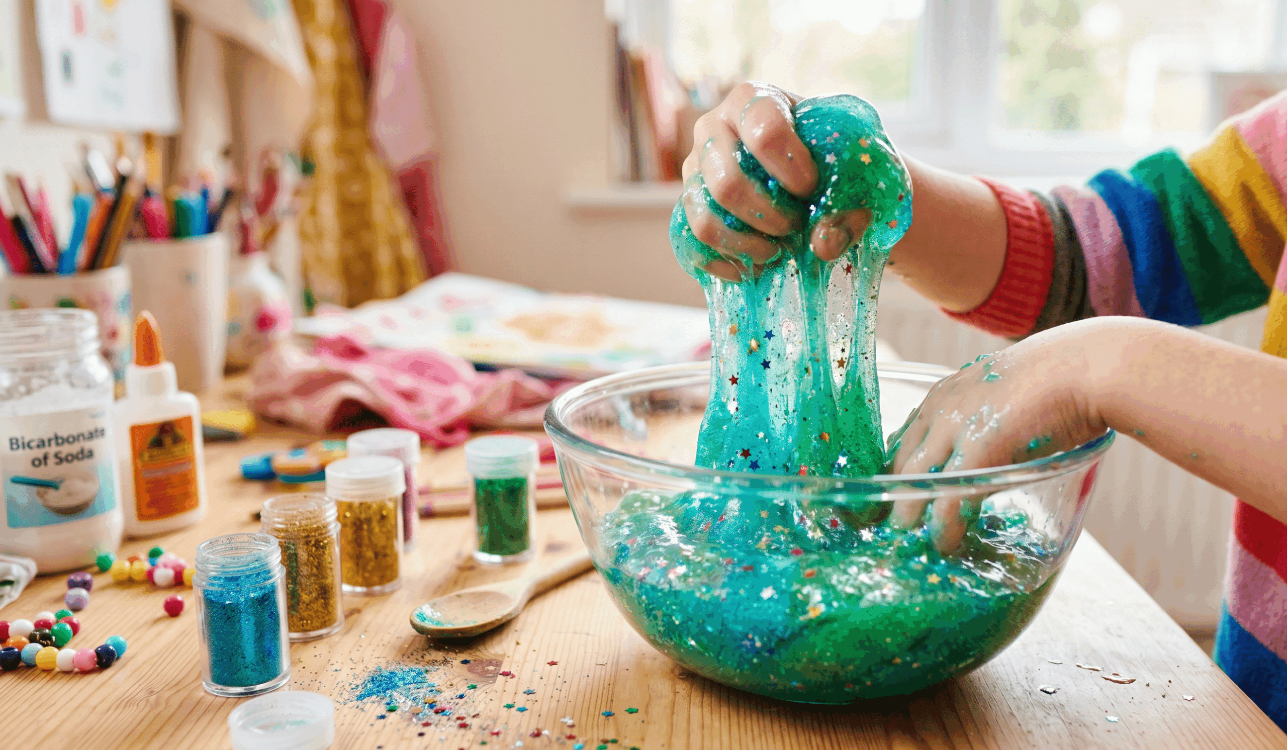 Gros plan sur les mains d'un enfant étirant une pâte gluante translucide turquoise parsemée de paillettes en forme d'étoiles