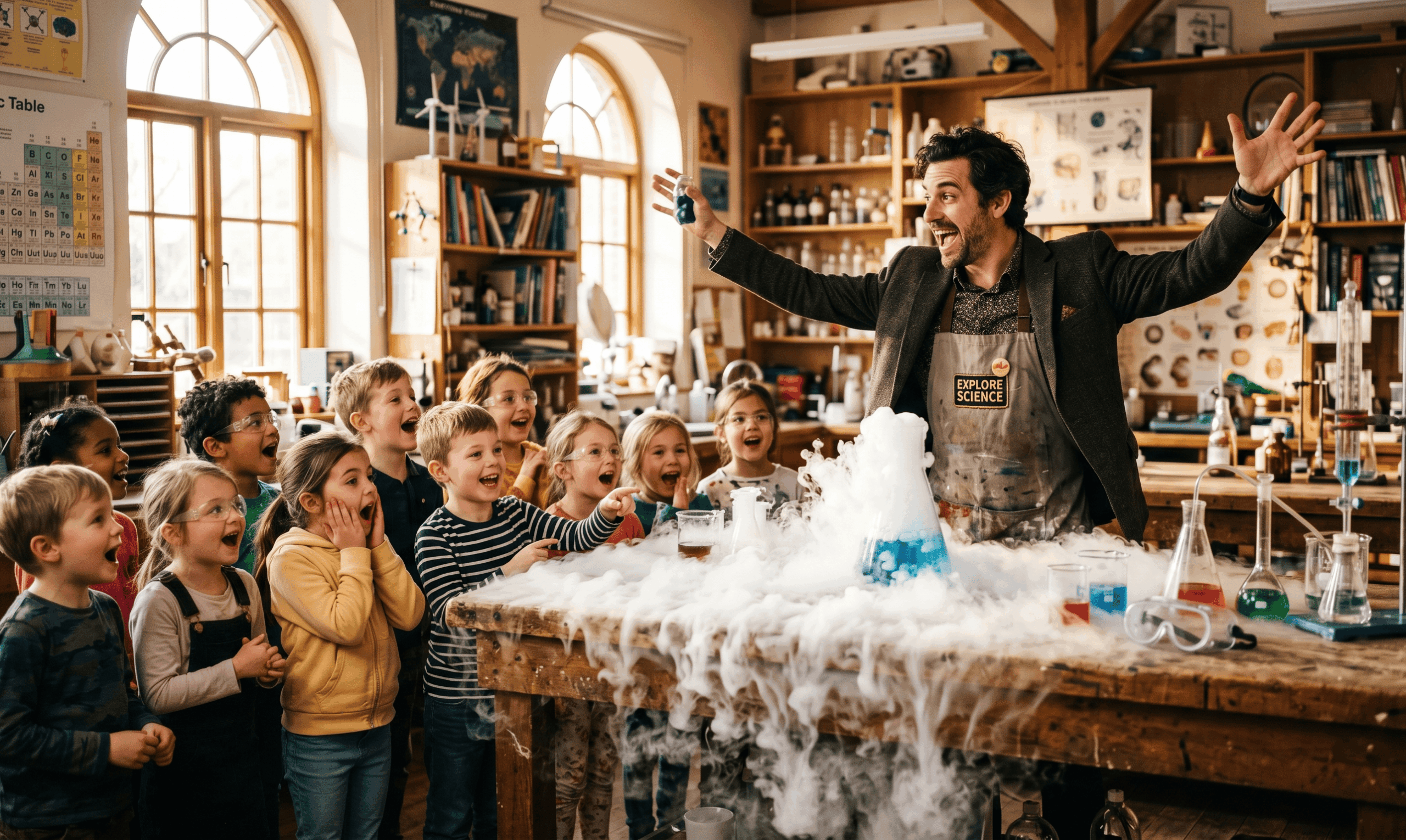 Un animateur en blouse levant les bras avec enthousiasme devant un groupe d'enfants captivés par un grand nuage de fumée sur une table d'expérience